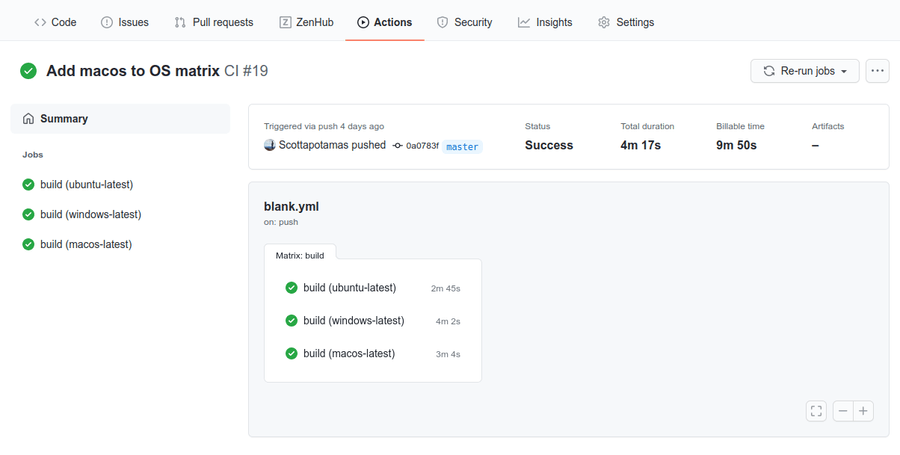 Actions tab on GitHub showing successful build matrix