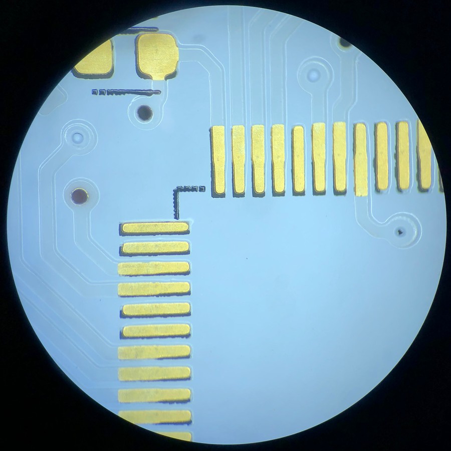 Top layer PCB closeup showing soldermask quality and alignment