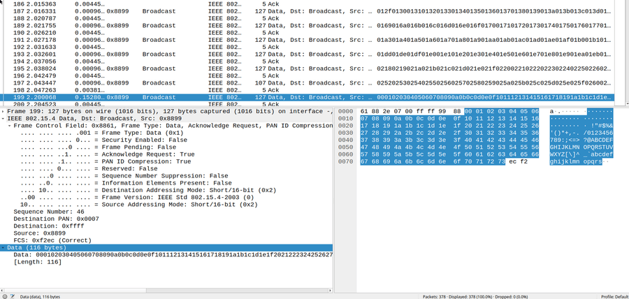 Wireshark GUI, columns of packet logs on top with lower payload detail section