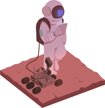Astronaut carrying tablet connected to small wheeled robot, on red planet