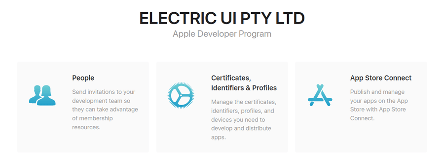 Apple developer account page presents 3 horizontal choices with Certificates in the middle