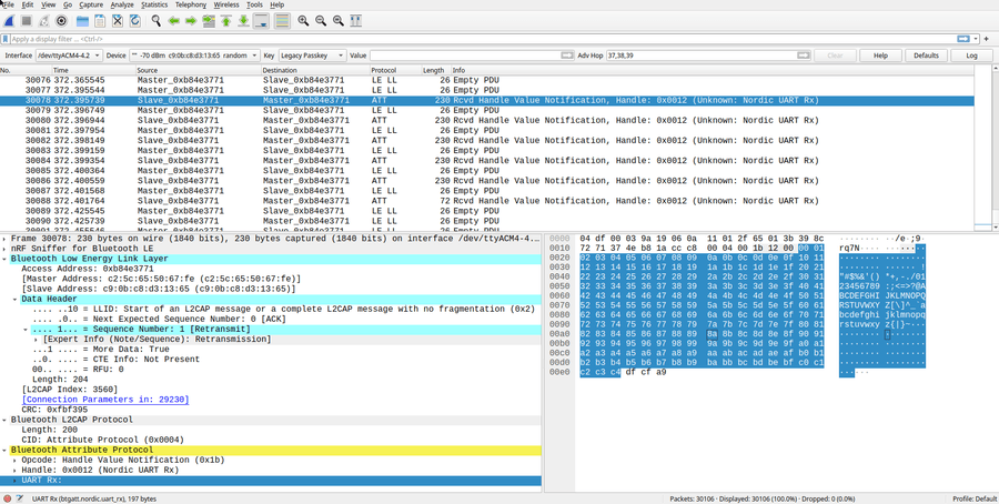 Wireshark GUI with rows of alternating empty and 230B ATT transfers, repeated 5x, 72B final