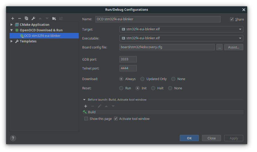 CLion OpenOCD Configuration settings default