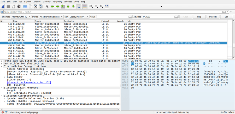 Wireshark GUI with rows of empty and one 161B L2CAP packet