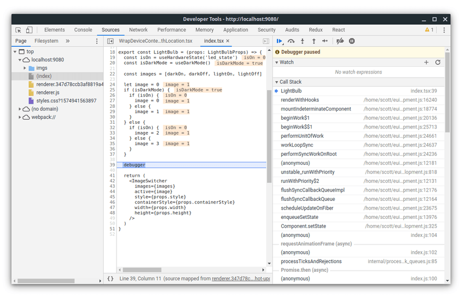 Breakpoint triggered view shows surrounding source and variables