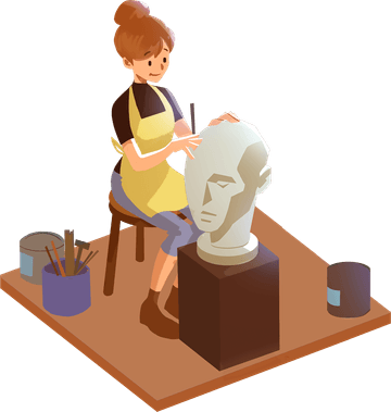 Artist on seat sculpting details into stone bust