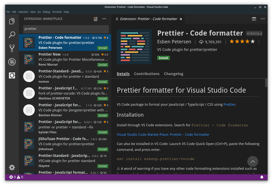 prettier by esben petersen shown in marketplace