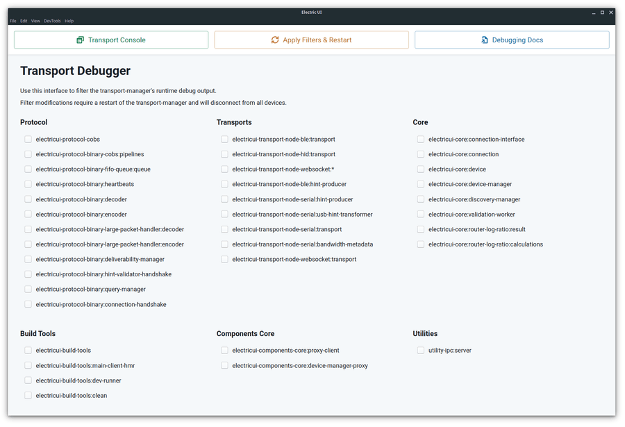 Transport window debug selection UI and console